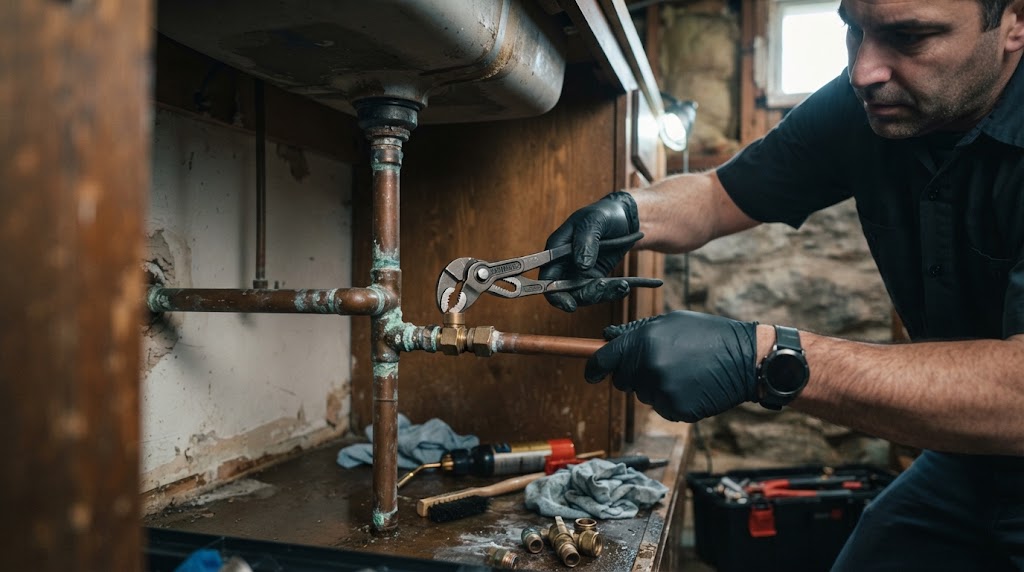 Plumber using pipe wrench on copper pipe fittings under sink for pipe leak repair in Deptford