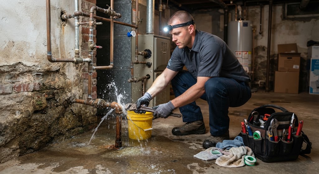 Emergency technician locating active water line rupture for emergency leak repair Deptford NJ