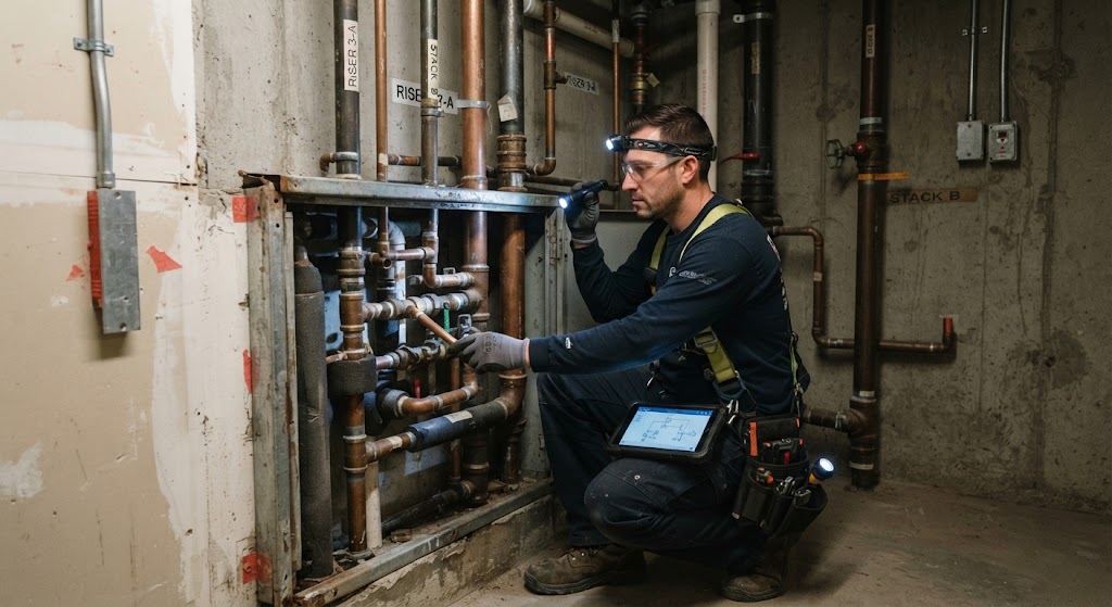 Emergency plumbing technician inspecting multi-line pipe manifold with flashlight in Deptford