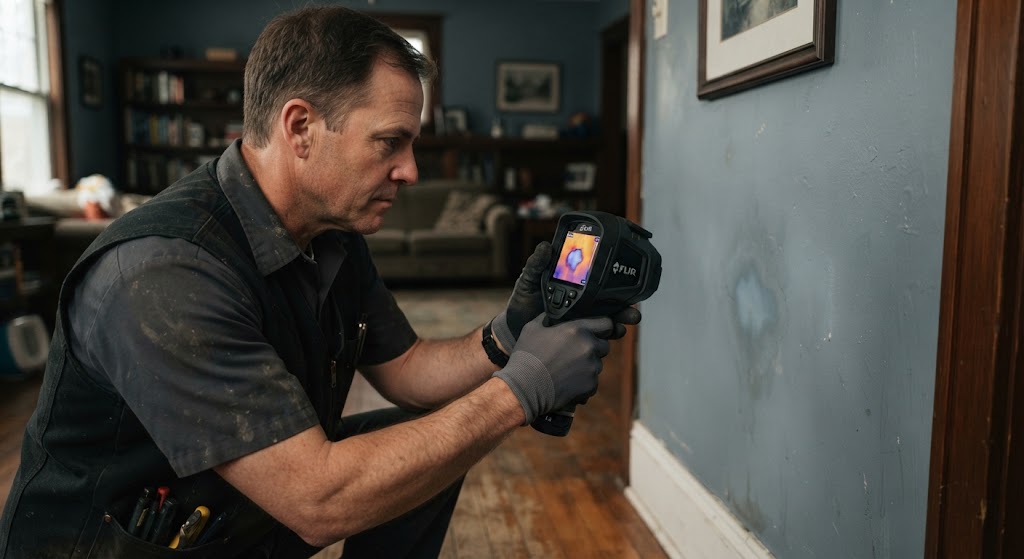 Thermal imaging diagnostic tool identifying moisture signatures behind wall cavities in Deptford