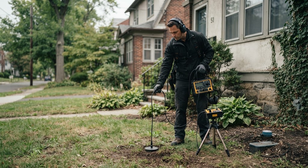 Technician testing lateral zones for sprinkler leak detection Deptford NJ on residential lawn