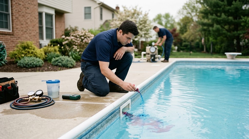 Dye testing and electronic sensor for pool leak detection Deptford NJ around skimmer mouth